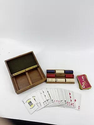 Vintage Congress Playing Cards 196 Mini Poker Chips Set Wooden Travel Box • $41.77