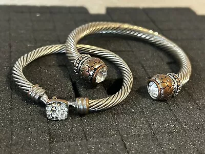 2 Vintage Metal & Rhinestones Rope Twist CUFF Bracelets-Unknown Metal & Maker • $10.99