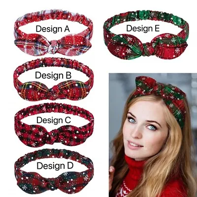 Ladies Red Christmas Headband Hairband Bow Check Tartan Plaid Christmas Gift • £3.89