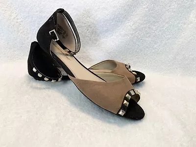 NWOT Montego Bay Club Women’s Flats Ankle Strap Tan Black Studded Sandals Size 9 • $4.99