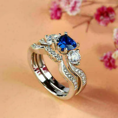 $121.59 • Buy 2Ct Heart Cut Lab Created Blue Sapphire Halo Bridal Ring 14k White Gold Plated.