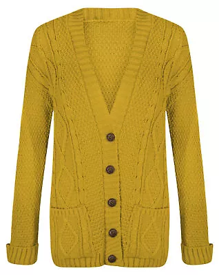 Womens Chunky Cable Knit Button Cardigan Long Sleeves Grandad Style Plus Sizes • £12.95