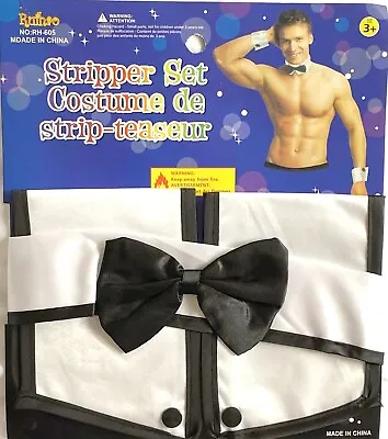 Male Stripper Set Fancy Dress Bow Tie Collar Cuffs Topless Waiter Hen Party NEW • £3.99
