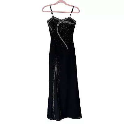 Nadine Womens VTG Beaded Gown Size Est XS Black Spaghetti Strap Leg Slit FLAWS • $23.47