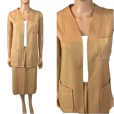 Vintage 70s Skirt Suit Camel Knit Sleeveless Open Top Pull On Skirt MOD  M • $30