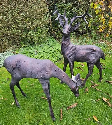 Extra Large Stag & Doe Deer Garden Sculptures - Cast Aluminium With Aged Finish • £349.99