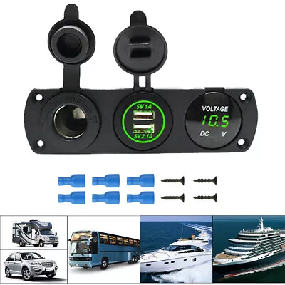 Dual USB Port Marine Boat Car RV Voltmeter 12V Socket 3 Hole Panel Switch Kit • £11.99