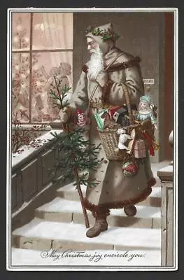 £2.20 • Buy F49 - Brown Coat Santa With Basket Of Toys And Tree - Large Victorian Xmas Card