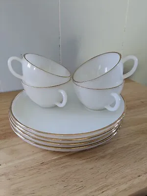 Set Of 4 Fire King Anchor Hocking Milk Glass 22K Gold Rim Snack Plate & Tea Cups • $25