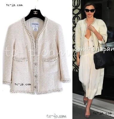 CHANEL 11A Ivory Wool Gold Chain Trim Jacket Coat CC Buttons Miranda Kerr 46 • $4047