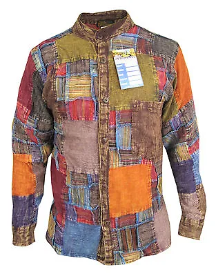 £25.98 • Buy Patchwork Grid Button Down Grandad Collarless Causal Pocket Shirt Tops Kurtas