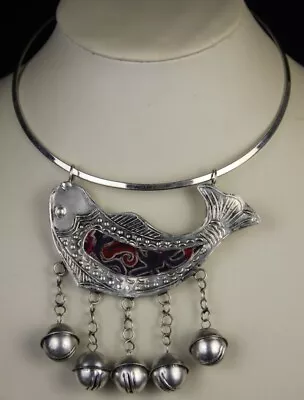 Tribal Chinese Minority People's Old Hand Embroidery Miao Silver Fish Necklace • $60