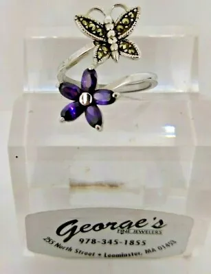 Ladies Sterling Silver Ring W/ Amethyst Flower & Marcasite Butterfly Sz 8 • $49