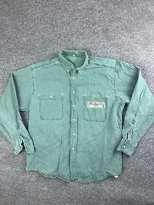 Vintage Denim Shirt Men's Large Green Button Down Long Sleeve Wolf Print USA • $15