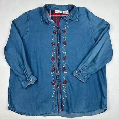 Vintage Victoria Jones Denim Shirt Womens 2X Button Up Floral Embroidered Boho • $17.88