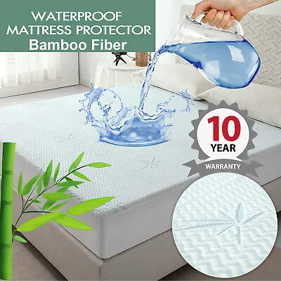 Cooling Bamboo Mattress Protector Waterproof Fitted Cover Double Queen King Bed • $27.54