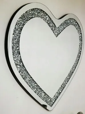 Crushed Crystal Diamond Mirror Wall Mirror Heart Shape Glitter Silver 80x70 Cm • £74.99