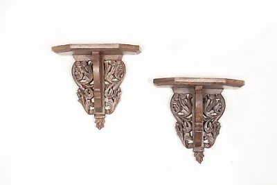 GAYA - Brown Carved Wall Shelf Décor S/2 14X13X4.5  • £91.69