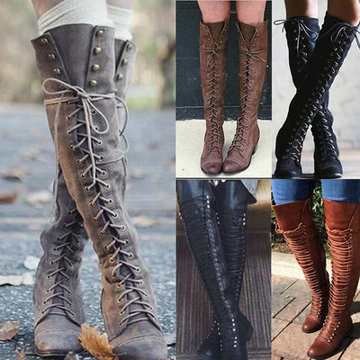 £25.49 • Buy Womens The Over Knee Lace Up Bandage Thigh High Combat Low Heel Boots Flat Shoes