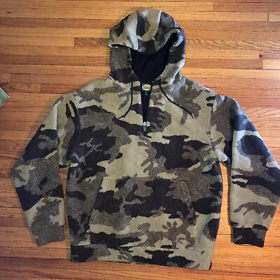 Cabela's Berber Camo Hood Fleece Men Sz L  Wind Shear Outfitter Pullover Pocket • $152.95