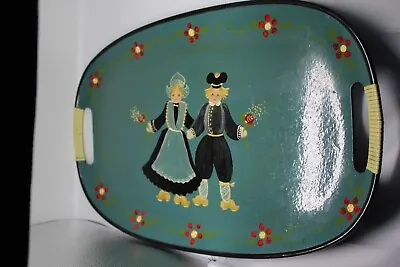 Vintage Serving Tray With Wicker Handles & Hand Painted Dutch Boy & Dutch Girl  • $6.99