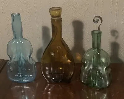 VINTAGE Brown BLUE Green GLASS VIOLIN/CELLO SHAPE BOTTLE  METAL WALL Hanger Lot • $24.99