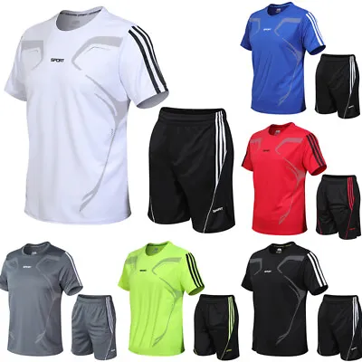 Mens Breathable T Shirt Cool Dry Sports Performance Running Wicking Gym Top Set • £11.69