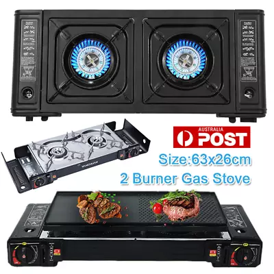 Portable Outdoor Twin Stove Camping Hiking 2 Burner Gas Stove BBQ Cooker W/Plate • $91.11