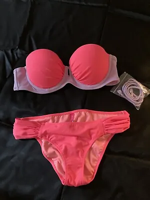 New Victoria Secret Bikini Top 36A Bottom Small S Neon Pink Solid Push Up Padded • $29.99