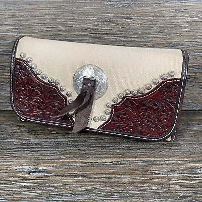 Montana Silversmiths Leather Hand Tooled Canvas Wallet Tri-Fold Women’s • $28