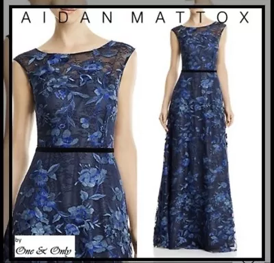 Aidan Mattox Womens Navy Blue Floral Lace Evening Dress Gown Sz:8 MSRP: $527.00 • $129.99