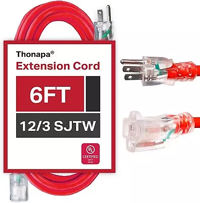 6 Foot Lighted Outdoor Extension Cord - 12/3 Heavy Duty Red Cable - 3 Prong Plug • $15.99