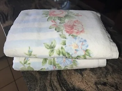 Laura Ashley Vintage Set Of 2 Bath Towels~country Roses~blue Strips & Roses • £72.32