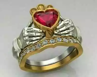 Lab Created Garnet 3Ct Heart Claddagh Bridal Set Ring 14k Two Tone Gold Plated • $77.99