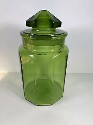 Vintage LE Smith Green Glass Paneled Canister Apothecary Jar W/Lid 9.5  Tall • $28