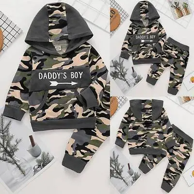 Newborn Baby Boys Camo Hooded Sweatshirt Tracksuit Long Pants Outfit Clothes Set • £8.89