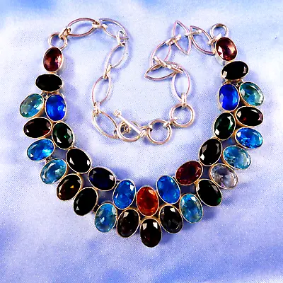Pretty Multi Color Shades Of Blue Gemstone Necklace 925 Silver Plated Gorgeous! • $29.99