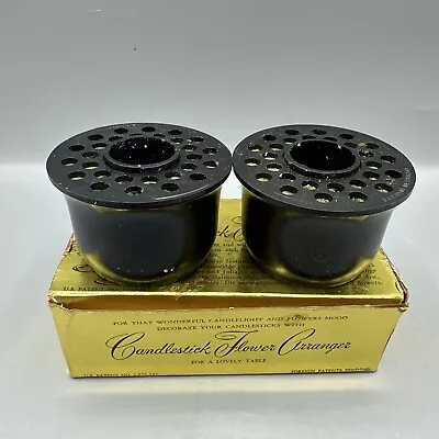 Vintage Candlestick Flower Arranger Original Box Black Frog Plastic Set/2 • $14.99