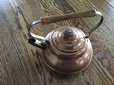 Antique Vintage Copper Tea Kettle Teapot Wood Brass Handle W/ Lid • $10