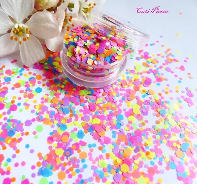 Nail Art Chunky *PartY* Bright Neon Matt Hexagon Shapes Glitter Spangle Mix Pot  • £2.35