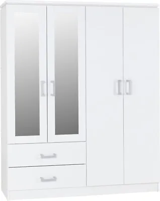 Charles 4 Door 2 Drawer Mirrored Wardrobe In White Finish Metal Runners • £327.99