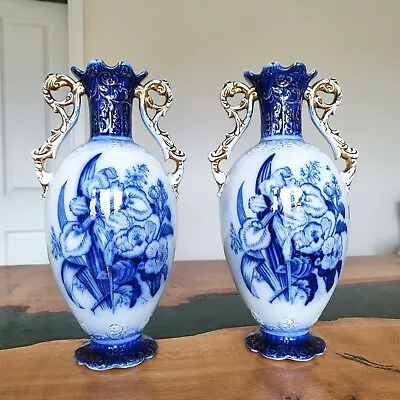 Pair Of Antique Vases Early 1890s - Late 1910s Large White And Blue With Gold  • £255