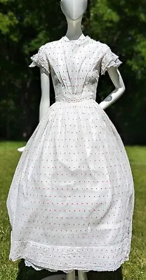 Civil War Era Sheer Pink Swiss Dot Muslin Summer Dress W Cap Sleeves • $450