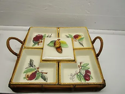 5 Compartment Serving Tray Set  Wicker Frame 12  X 12  Vintage • $12.90