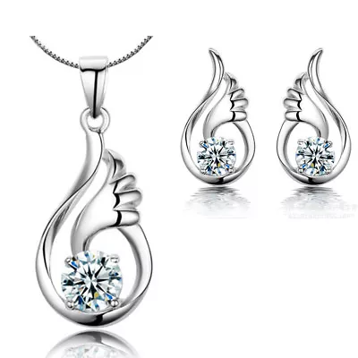 Angel Wing Pendant Necklace Stud Earrings  925 Sterling Silver Womens Jewellery • £2.97