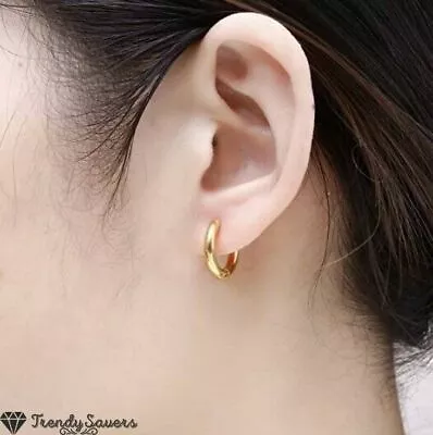 14K Gold Plated Surgical Steel Thick Women Men Clicker Ear Huggie Hoop Earrings • £3.49