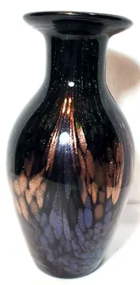 Pier 1 Blue Feathered Glass Vase Blue Purple Gold Sparkles Mid Century Art Vase • $34.99