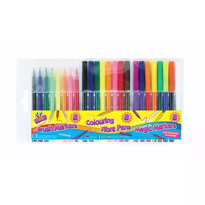 £5.49 • Buy 2 X 24 Pen Set 8 Fibre 8 Brush 8 Magic Markers Colouring Pens Assorted Colours