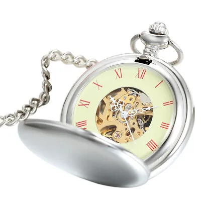 Mens Pocket Watch Mechanical Polished Case Chain Hand-winding Luxury Half Hunter • $20.89