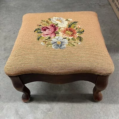 Vintage Wood Footstool With Floral Needlepoint Top • $250